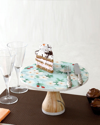 Tastefully Graceful Flowered Marble & Wood Cake Stand | 10 x 6 inches