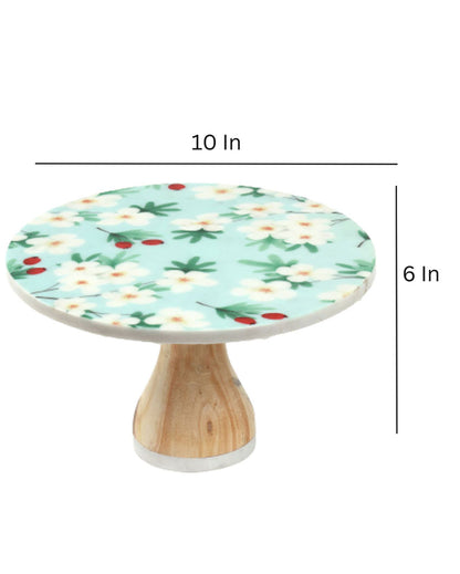 Tastefully Graceful Flowered Marble & Wood Cake Stand | 10 x 6 inches