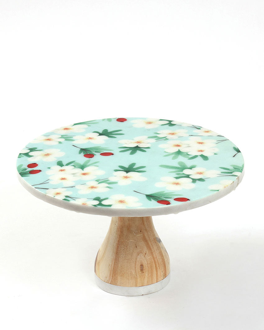 Tastefully Graceful Flowered Marble & Wood Cake Stand | 10 x 6 inches