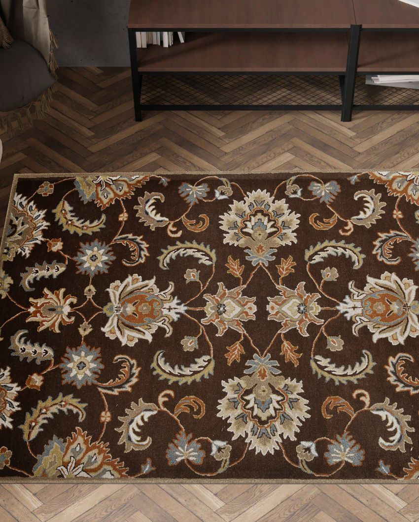 Dark Brown Floral Pattern Hand Tufted Carpet