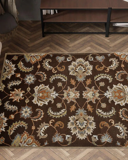 Dark Brown Floral Pattern Hand Tufted Carpet