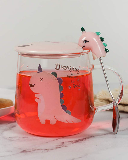Dinosaur Unicorn Glass Mug with Spoon & LID Pink