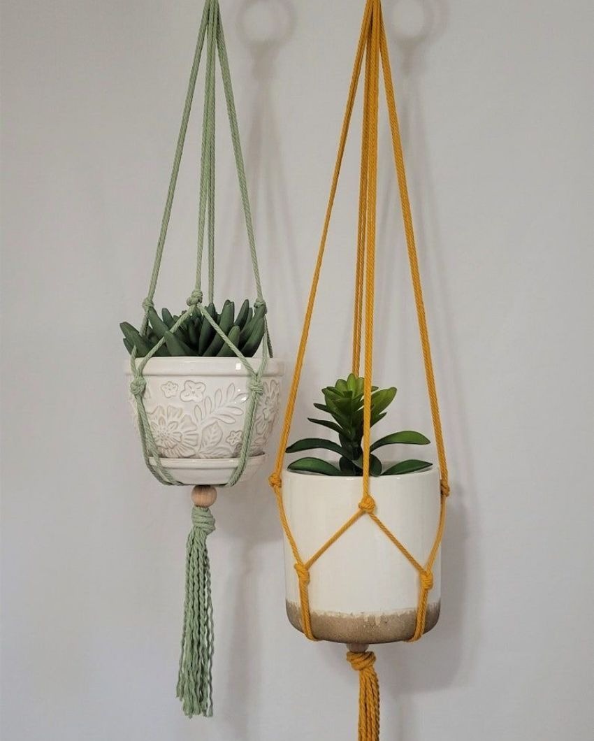 Eco Macrame Cotton Cord Plant Hangers | Set of 2 | 24 x 4 inches