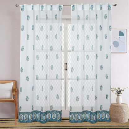 Floral Blossom Handblock Printed Cotton Curtain | Single | Window, Door | 5ft, 7ft