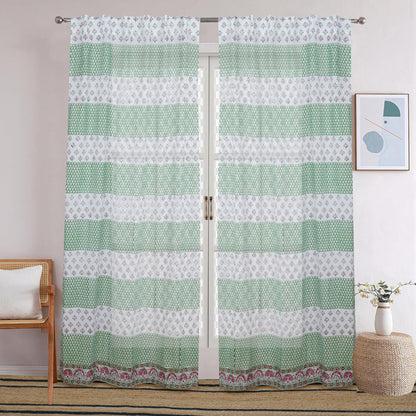 Floral Mesh Handblock Printed Cotton Curtain | Single | Window, Door | 5ft, 7ft