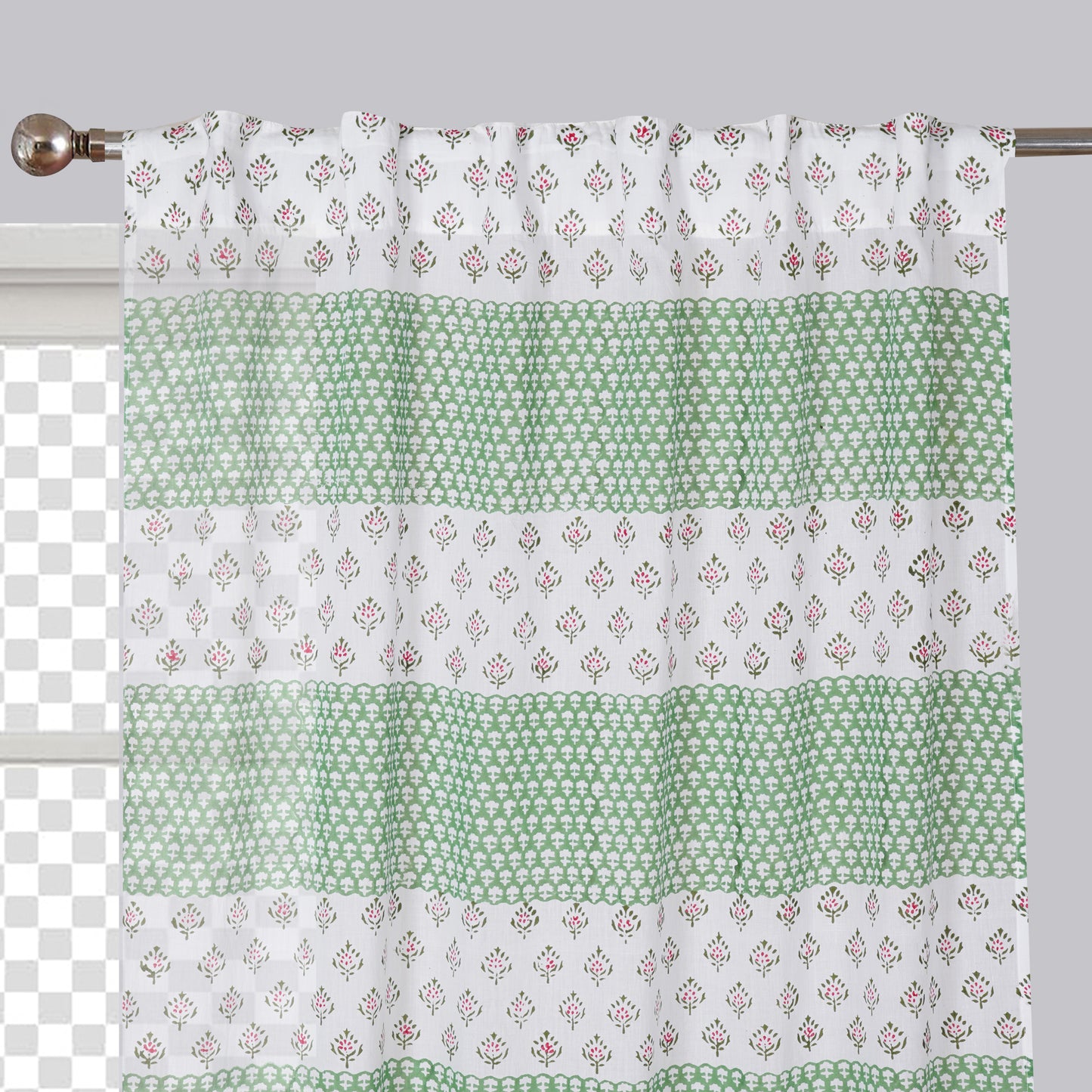 Floral Mesh Handblock Printed Cotton Curtain | Single | Window, Door | 5ft, 7ft