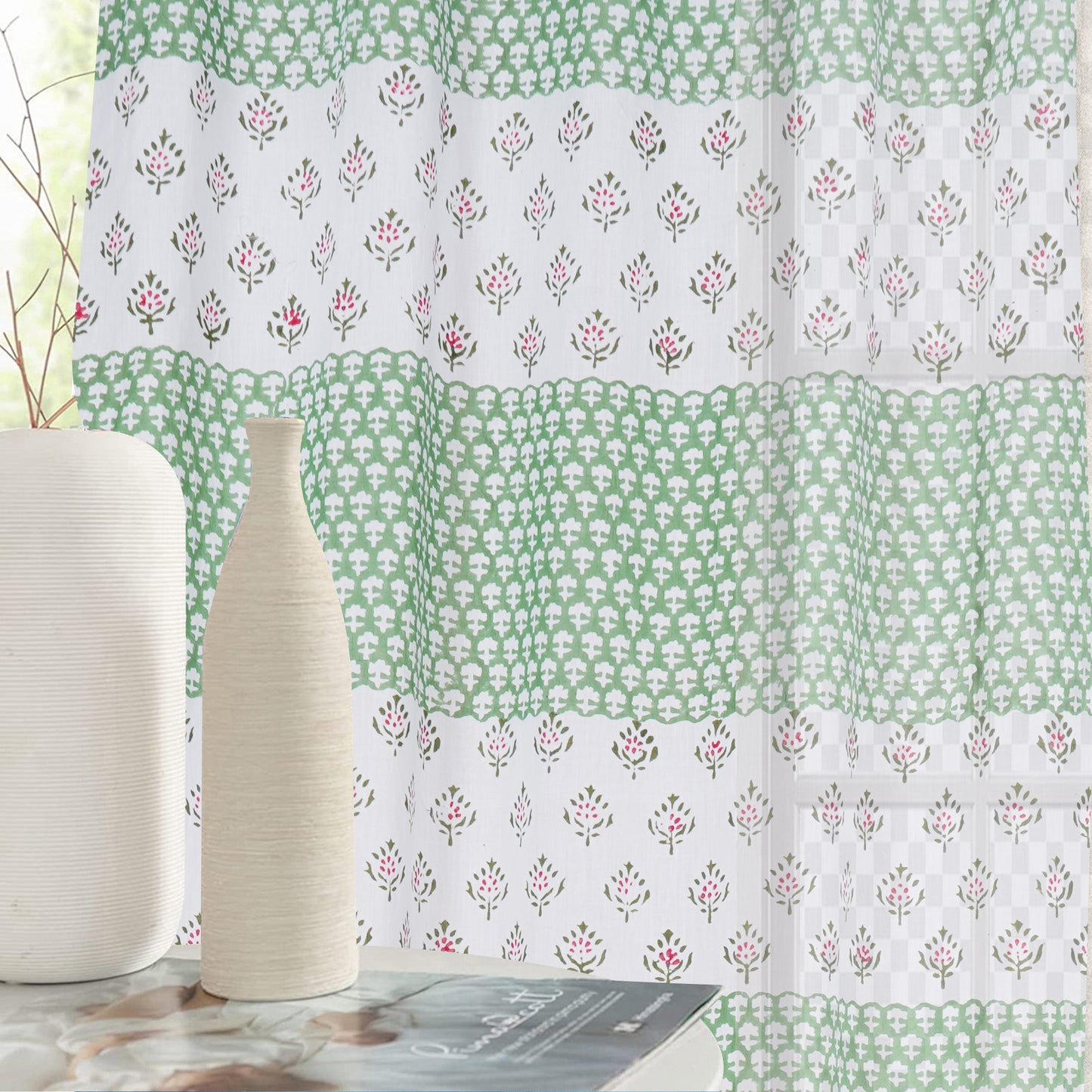 Floral Mesh Handblock Printed Cotton Curtain | Single | Window, Door | 5ft, 7ft