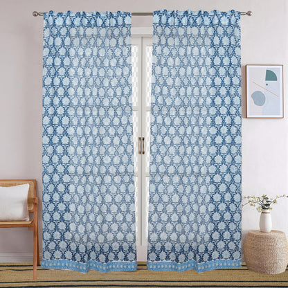 Sky Blossom Handblock Printed Cotton Curtain | Single | Window, Door | 5ft, 7ft