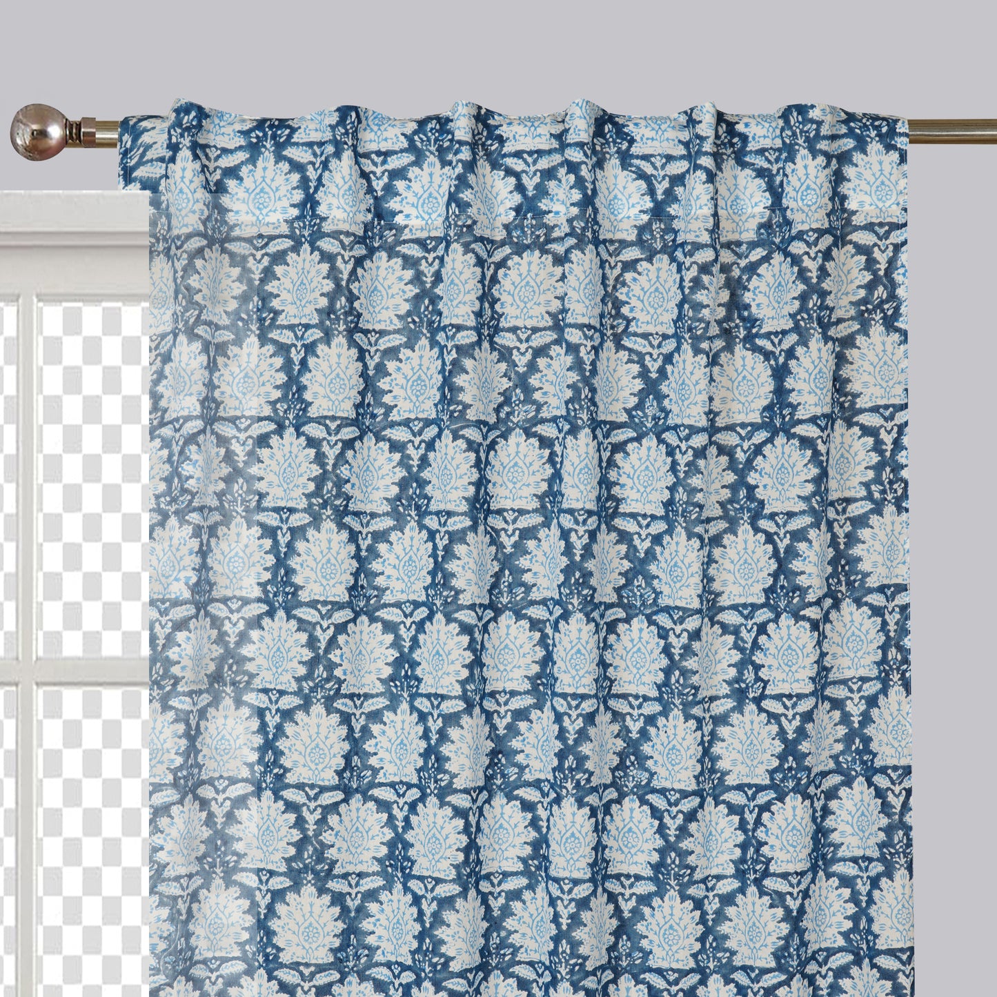 Sky Blossom Handblock Printed Cotton Curtain | Single | Window, Door | 5ft, 7ft