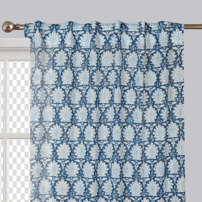 Sky Blossom Handblock Printed Cotton Curtain | Single | Window, Door | 5ft, 7ft