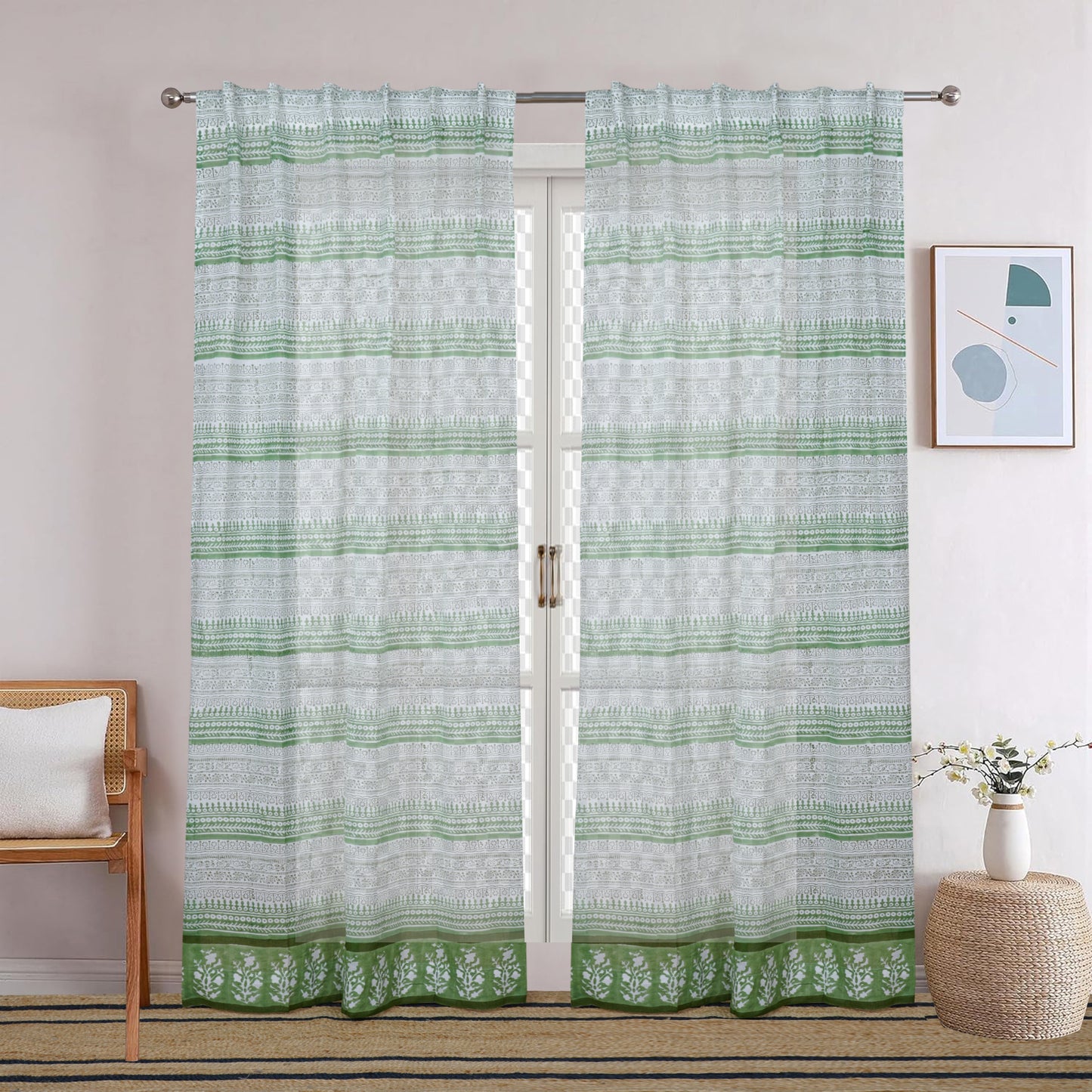 Floral Mosaic Handblock Printed Cotton Curtain | Single | Window, Door | 5ft, 7ft