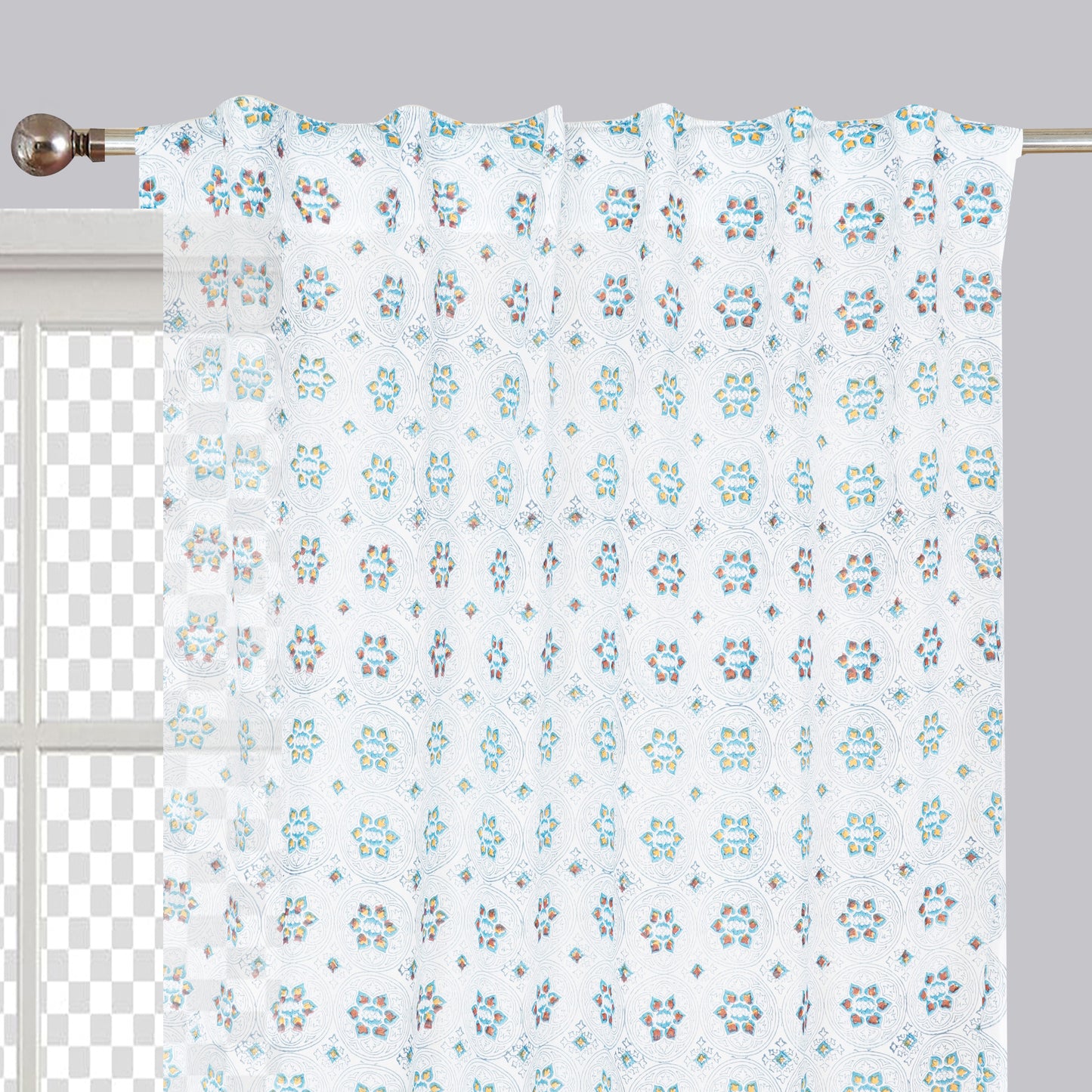 Twinkling Stars Handblock Printed Cotton Curtain | Single | Window, Door | 5ft, 7ft