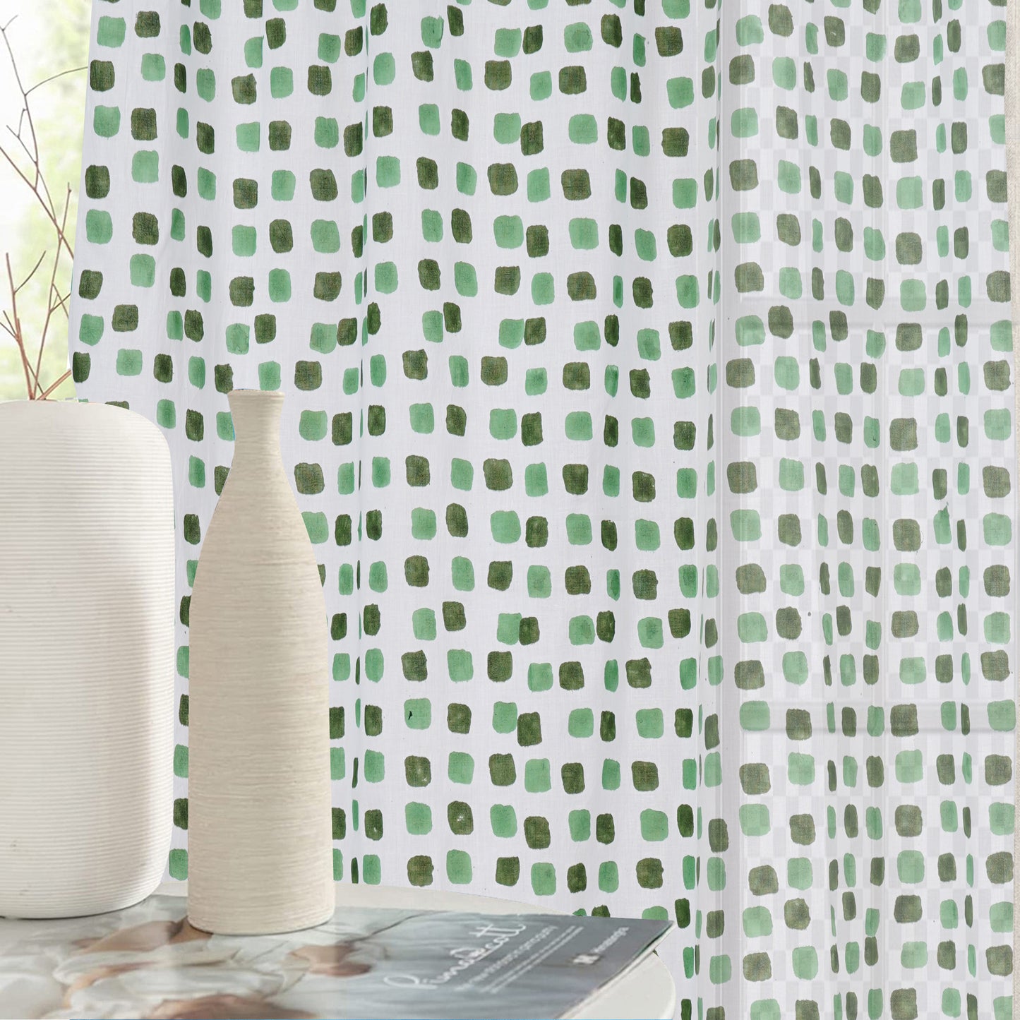 Flowering Checks Printed Cotton Curtain | Single | Window, Door | 5ft, 7ft