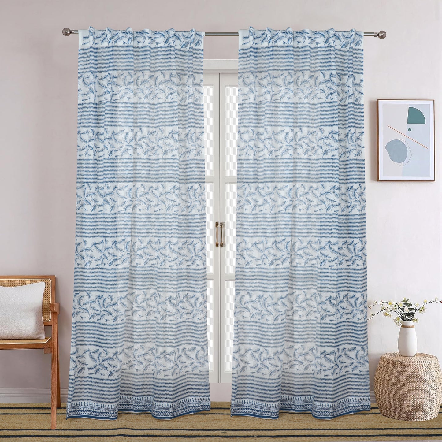 Blue Mesh Handblock Printed Cotton Curtain | Single | Window, Door | 5ft, 7ft