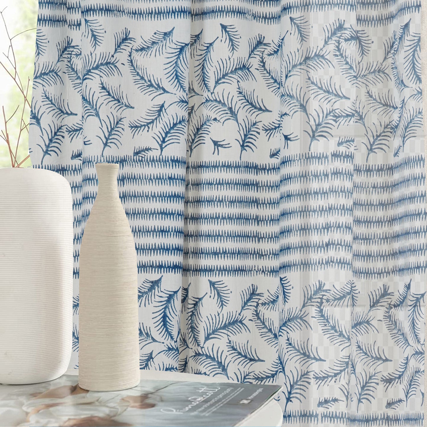 Blue Mesh Handblock Printed Cotton Curtain | Single | Window, Door | 5ft, 7ft