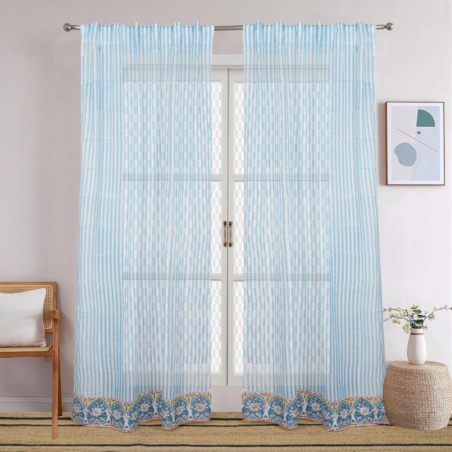 Sky Creeper Handblock Printed Cotton Curtain | Single | Window, Door | 5ft, 7ft