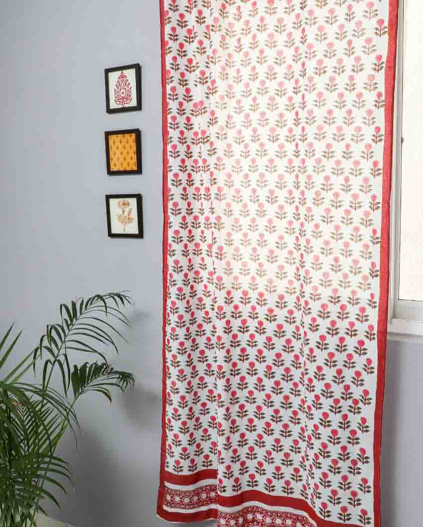 Evergreen Cherry Hand Block Printed Door Curtain | 7 X 4 Ft