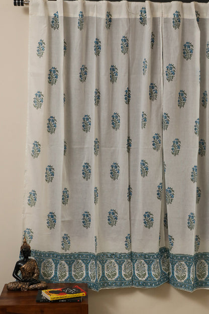 Floral Blossom Handblock Printed Cotton Curtain | Single | Window, Door | 5ft, 7ft