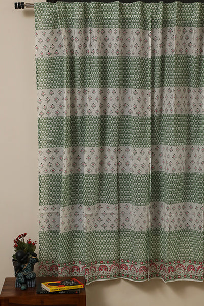 Floral Mesh Handblock Printed Cotton Curtain | Single | Window, Door | 5ft, 7ft