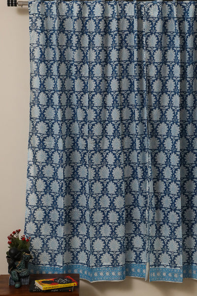 Sky Blossom Handblock Printed Cotton Curtain | Single | Window, Door | 5ft, 7ft