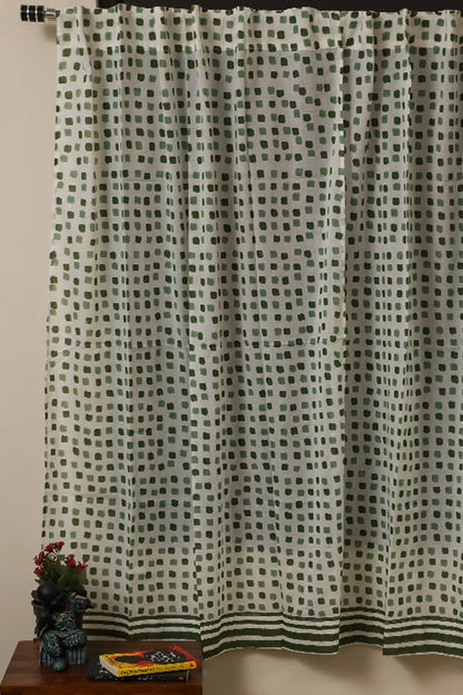 Flowering Checks Printed Cotton Curtain | Single | Window, Door | 5ft, 7ft