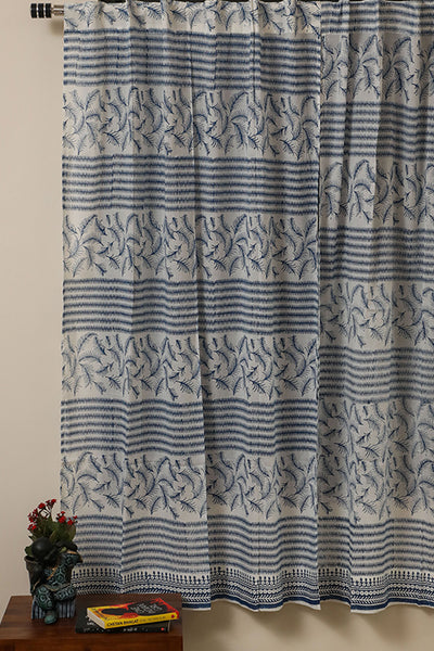 Blue Mesh Handblock Printed Cotton Curtain | Single | Window, Door | 5ft, 7ft