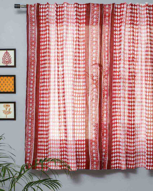 Artistic Red Illusions Hand Block Printed Window Curtain | 5 X 4 Ft