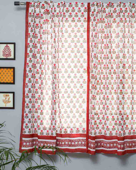 Evergreen Cherry Hand Block Printed Window Curtain | 5 X 4 Ft