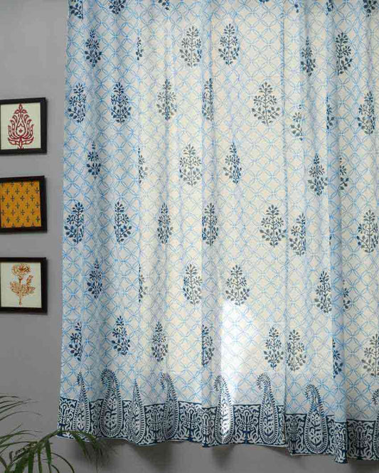 Cabbean Blue Hand Block Printed Window Curtain | 5 X 4 Ft