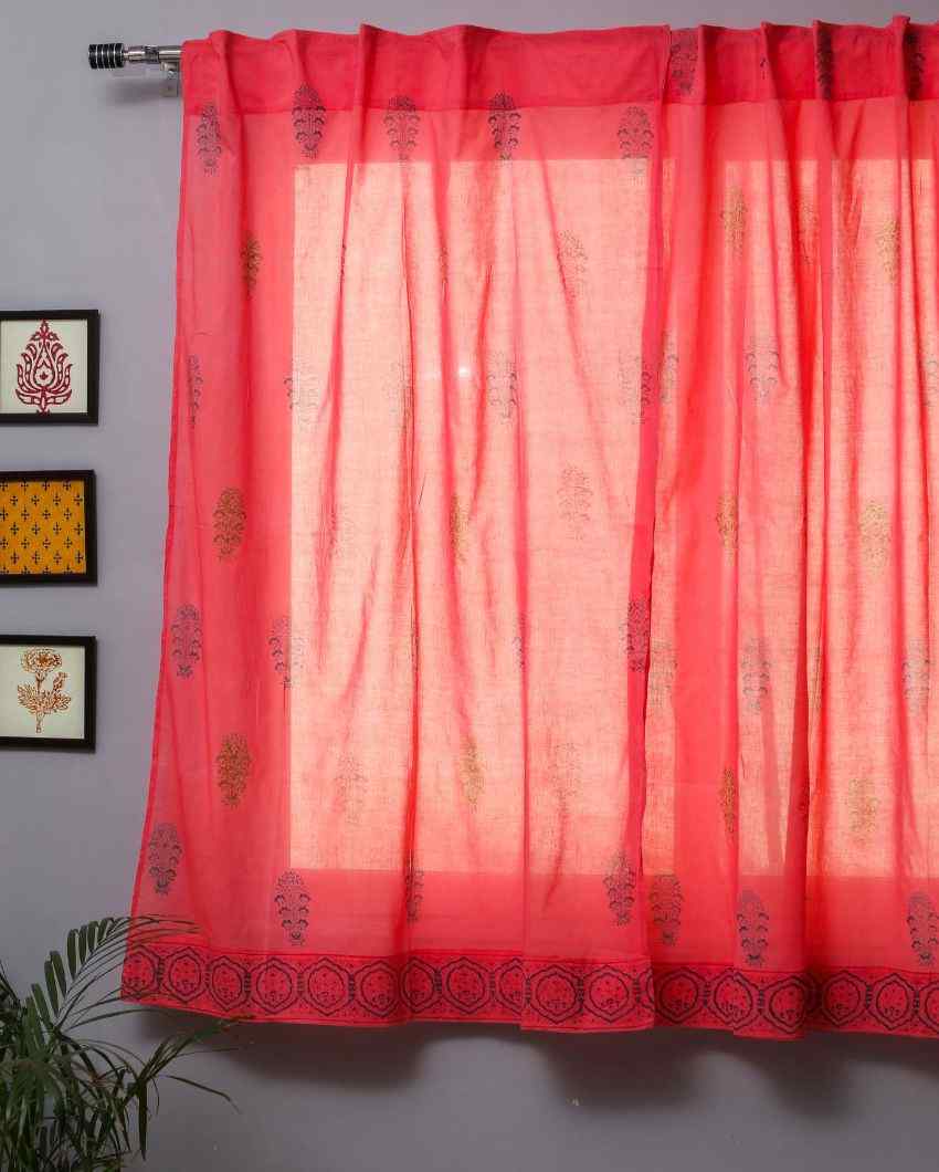 Climbing Red Hand Block Printed Window Curtain | 5 X 4 Ft