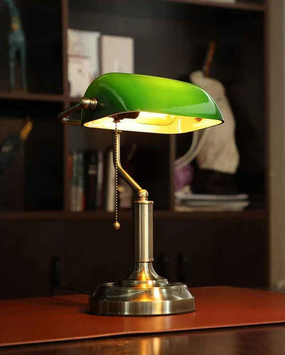 Classic Banker Shade Green & Gold Metal Table Lamp | 11 x 15 x 7 inches