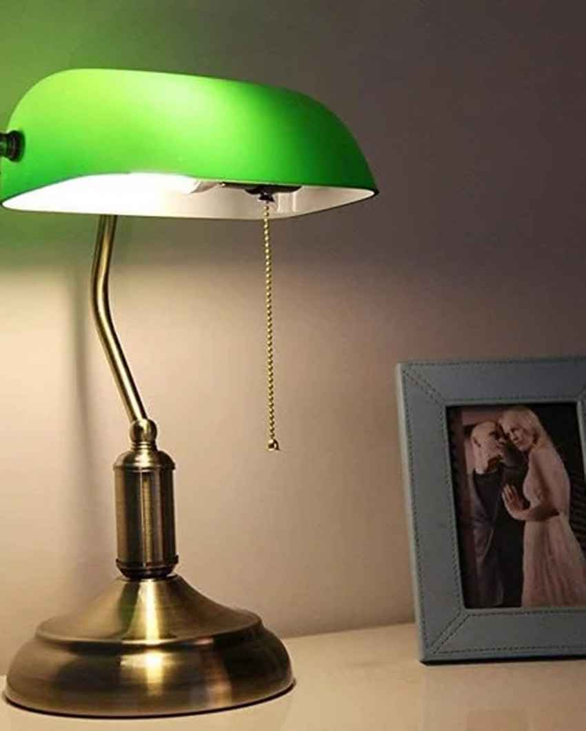 Classic Banker Shade Green & Gold Metal Table Lamp | 11 x 15 x 7 inches