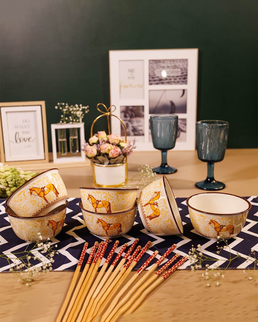 Unique Porcelain 6 Bowls With Chop Sticks Set