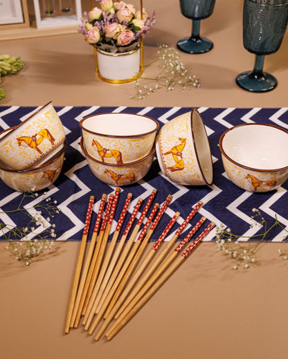 Unique Porcelain 6 Bowls With Chop Sticks Set