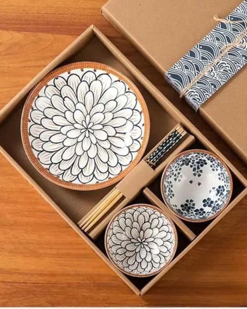 Porcelain Serving Bowls With Plate & Chopsticks Set