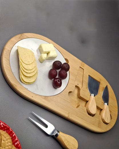 Elegant Brown & White Marble Board with Wooden Cheese Platter and Cutlery Combo | Pack of 4