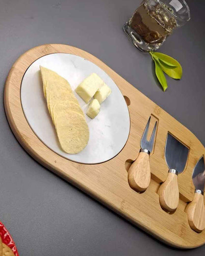 Elegant Brown & White Marble Board with Wooden Cheese Platter and Cutlery Combo | Pack of 4