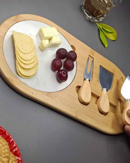 Elegant Brown & White Marble Board with Wooden Cheese Platter and Cutlery Combo | Pack of 4