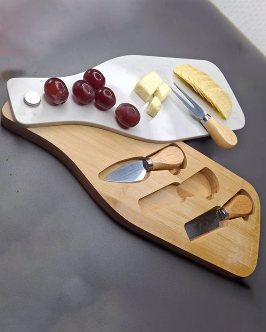 Sophisticated Brown & White Marble Board with Wooden Cheese Platter and Cutlery Combo | Pack of 4