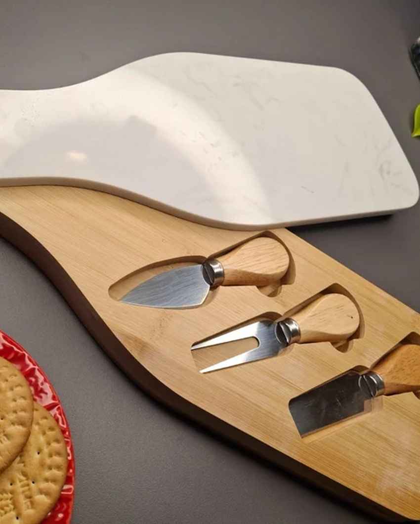 Sophisticated Brown & White Marble Board with Wooden Cheese Platter and Cutlery Combo | Pack of 4