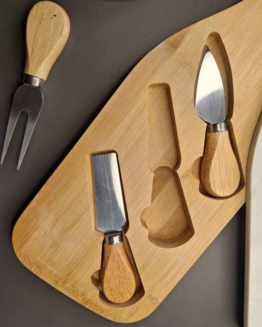 Sophisticated Brown & White Marble Board with Wooden Cheese Platter and Cutlery Combo | Pack of 4