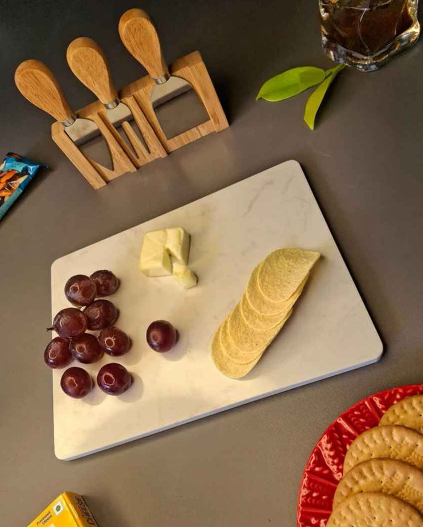 Luxurious Brown & White Marble Board with Wooden Cheese Platter and Cutlery Combo | Pack of 4