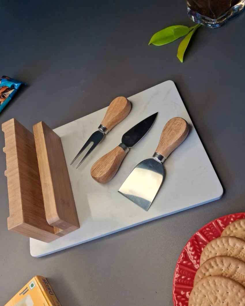 Luxurious Brown & White Marble Board with Wooden Cheese Platter and Cutlery Combo | Pack of 4