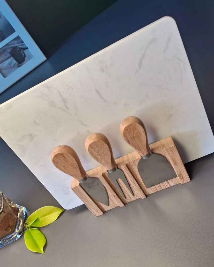 Luxurious Brown & White Marble Board with Wooden Cheese Platter and Cutlery Combo | Pack of 4