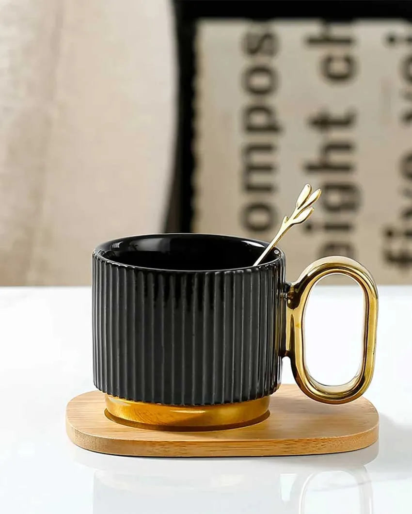 Porcelain Coffee Cup And Saucer Set With Wooden Tray Black