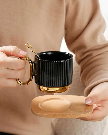 Porcelain Coffee Cup And Saucer Set With Wooden Tray Black