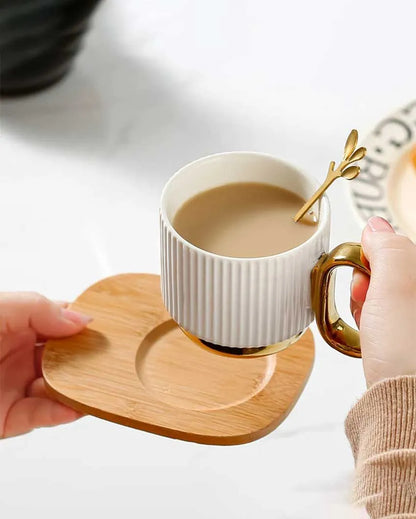 Porcelain Coffee Cup And Saucer Set With Wooden Tray White