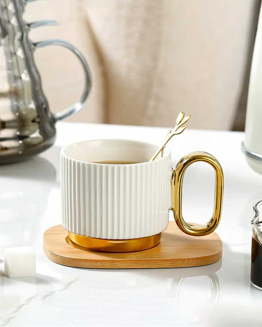 Porcelain Coffee Cup And Saucer Set With Wooden Tray White