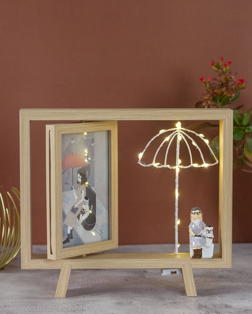 Umbrella Style Wooden Photo Frame With Dual Frame And Led Light | 10.23 x 9.44 inches