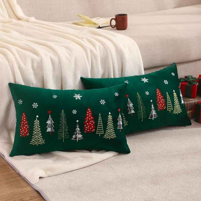 Cozy Velvet Tree Embroidery Green Pillows with Filler | Set of 2 | 6 x 10 inches